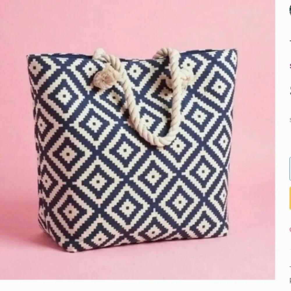 Summer & Rose Canvas Beach Bag Blue Geometric Pattern Rope Handles Coastal